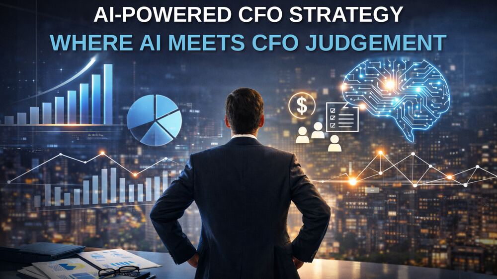 An AI-powered CFO strategy graphic showing a finance leader facing data visualisations and a digital brain, representing AI-augmented judgement