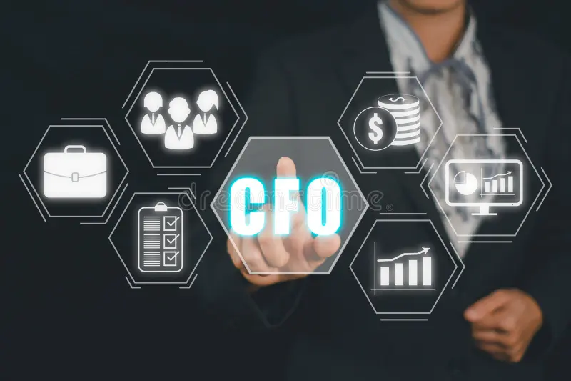 A finance professional selecting a CFO icon on a digital interface, representing board-level financial leadership engaged on demand